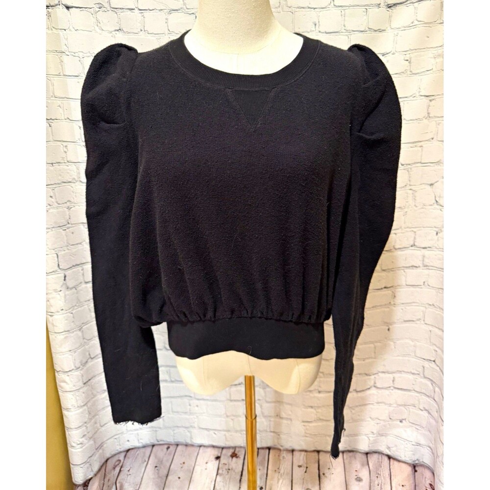 Free People Women's Black Crew Neck Puff Sleeve Knit Cotton Sweater Size L